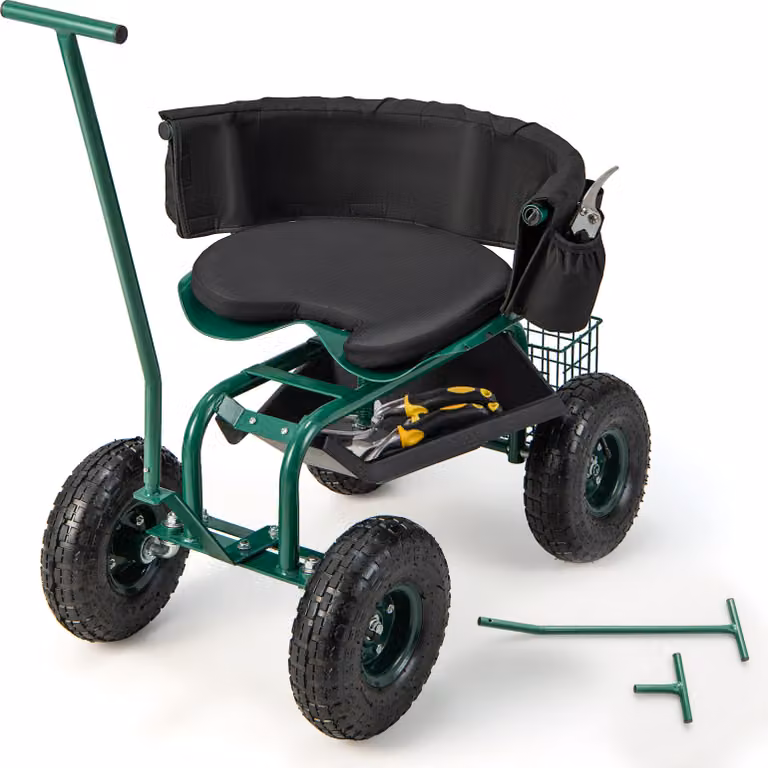 COSTWAY Sedile mobile arrotolabile fino a 150 kg, sgabello da giardino ruotabile a 360° e regolabile in altezza, sedile da giardino con maniglia di guida, cestino, ripiano e cuscino di seduta verde