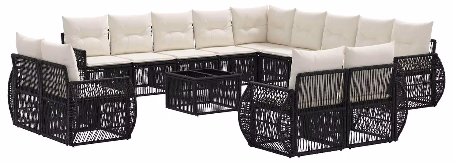 Set Divano da Giardino 14 pcs Nero e Bianco Crema polyrattan
