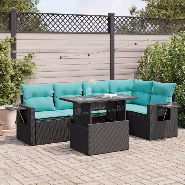 Set Divano da Giardino 6 pz con Cuscini Nero Polyrattan Acacia 3326478