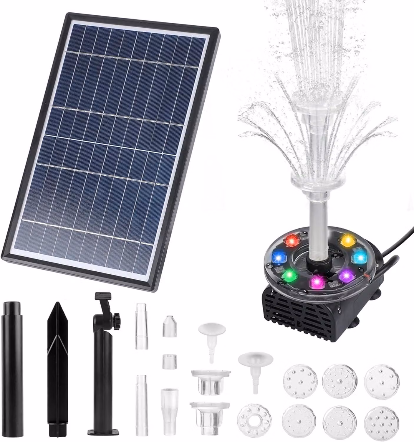 MIAJARD Pompe solari per laghetti, modello Solar 7W. Fontane solari per laghetti, fontane solari a LED, pompe solari per laghetti