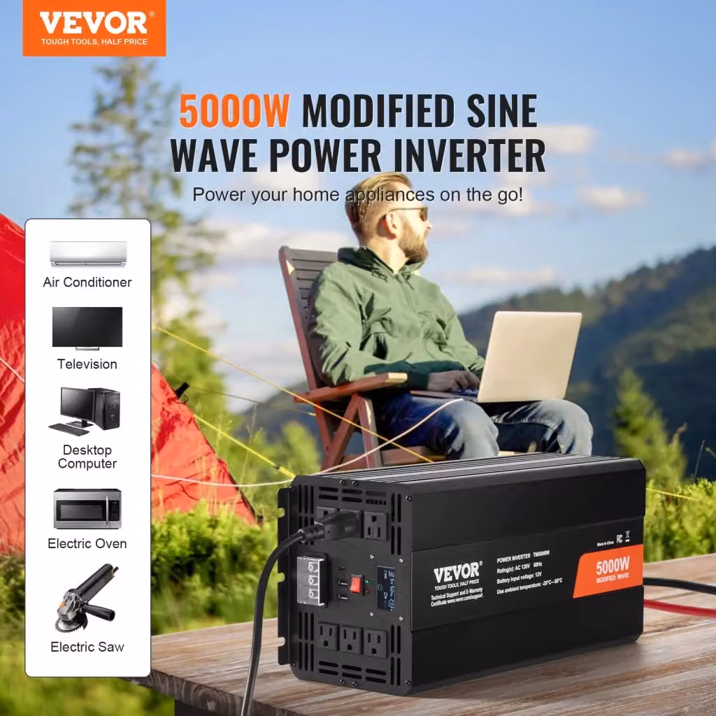 Inverter di Potenza 5000W 12V a 230V TM5000W a Onda Sinusoidale Modificata in Lega di Alluminio Nero con Display LCD e Telecomando – 2