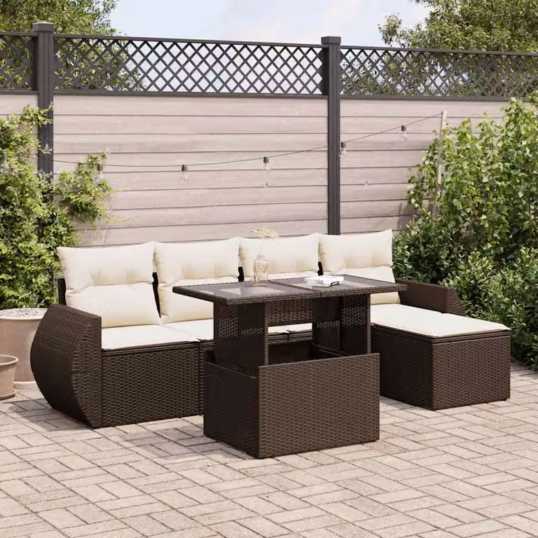 Set Divano da Giardino a L vidaXL 6 pz con Cuscini Marrone e Bianco in Polyrattan e Metallo