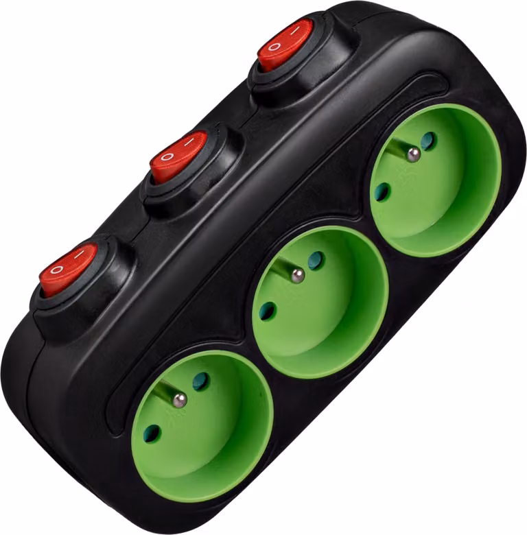 Vayox VA0357 Adattatore per presa di corrente a 3 scomparti con messa a terra e interruttore allungato, nero/verde