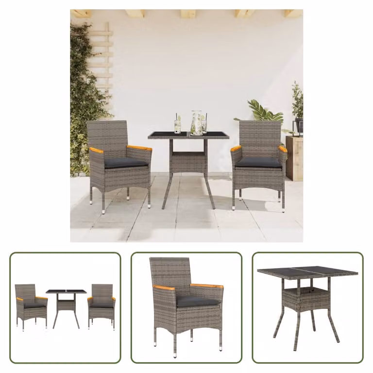 The Living Store Set da pranzo da giardino in 3 pezzi con cuscini in poly rattan grigio e vetro