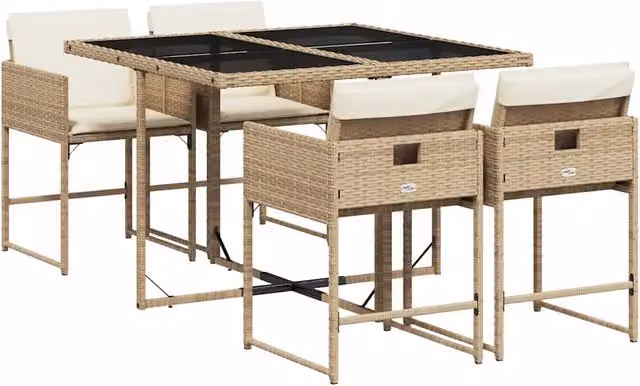 Set da Pranzo da Giardino 5 pz in Polyrattan con Tavolo in Vetro e Cuscini Beige – 1