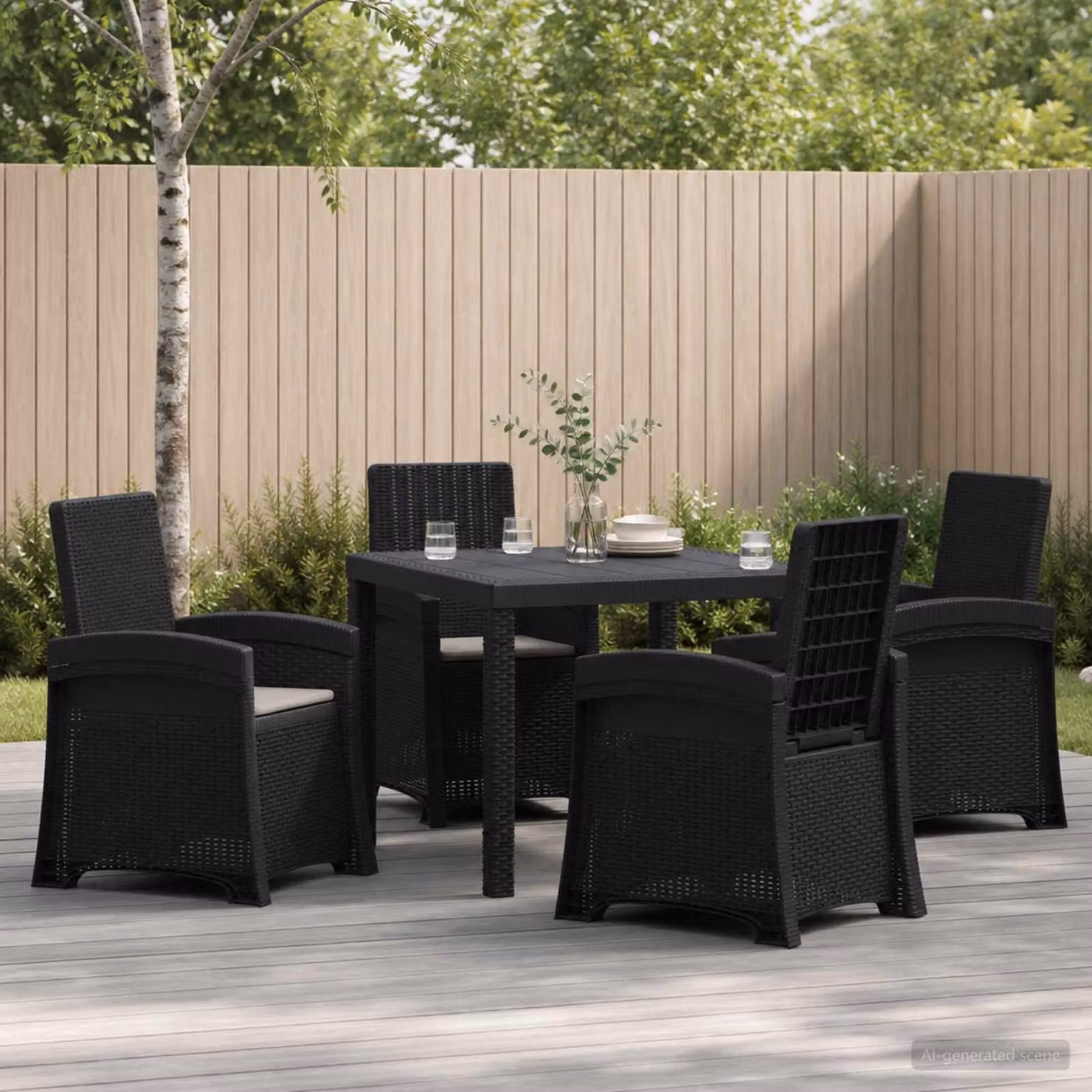 Set da pranzo per giardino e terrazzo vidaXL in polyrattan da 5 pezzi, colore antracite e grigio