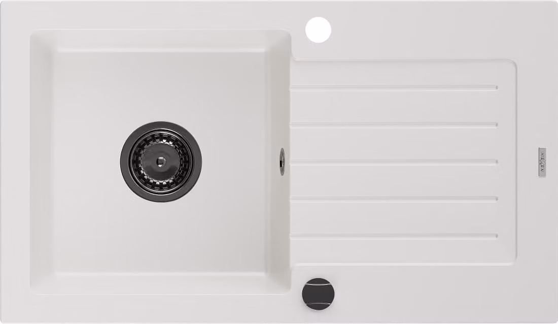 Mexen Pablo Lavello in granito a 1 vasca con sgocciolatoio 752 x 436 mm, bianco, sifone nero - 6510751010-20-B