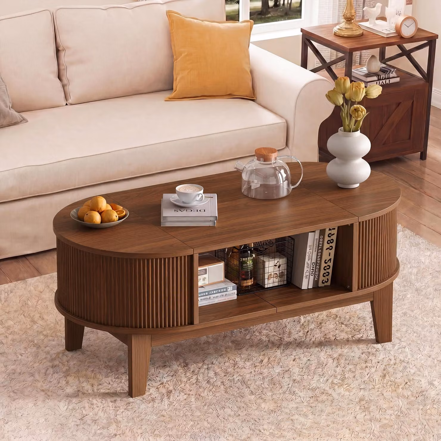 Tavolino ovale REMZETTA, dimensioni 100 x 50 x 40,5 cm, finitura effetto noce, tavolino da soggiorno con 2 piani ribaltabili, spazio di stoccaggio nascosto, vano aperto e cerniere con sistema di chiusura ammortizzata