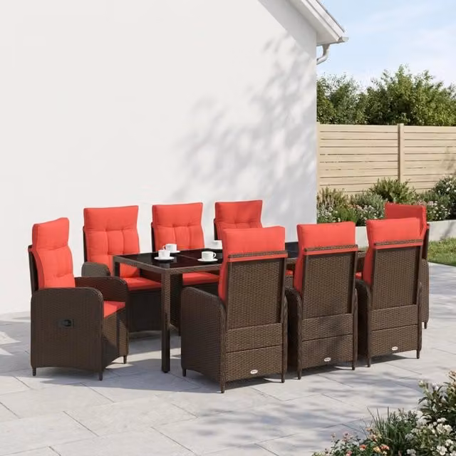 Set da pranzo per esterni moderno vidaXL in polyrattan e vetro rosso 9 pz – 1