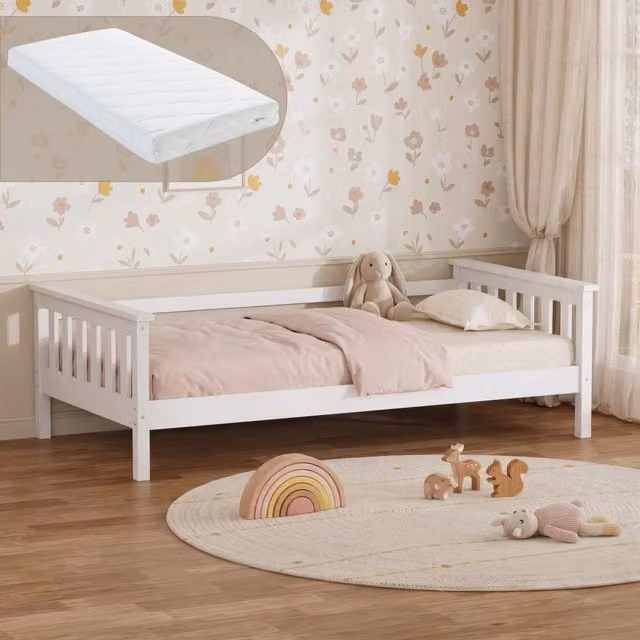 Letto per bambini neu.haus in legno di pino bianco con materasso in schiuma ipoallergenica L/P/H: 160 x 80 cm