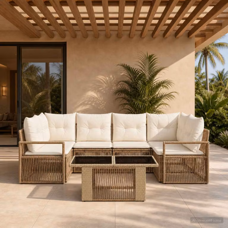 Set Divano da Giardino vidaXL 7 pz in Polyrattan Beige e Bianco Crema con Tavolino e Cuscini