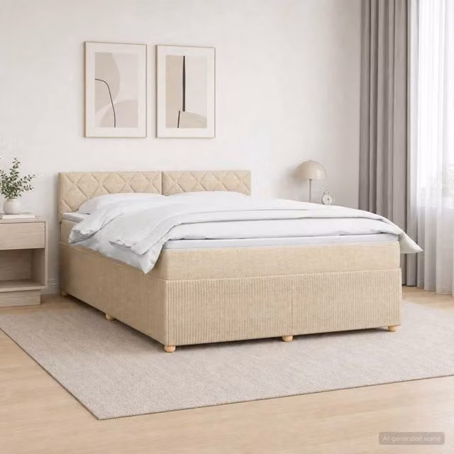 Letto box spring con materasso ibrido vidaXL in tessuto beige e bianco, con base a sollevamento, illuminazione sottostante e porta di ricarica USB, L/P: 180 x 200 cm