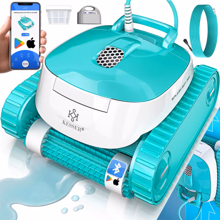 Robot pulitore per piscine KESSER® per fondo e pareti, aspirapolvere per piscine fino a 100 m², pulizia potente, pulitore per piscine completamente automatico con funzione app e modulo di controllo, include copertura e meccanismo di arrampicata