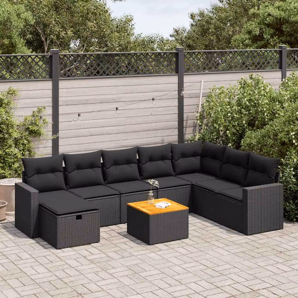 Set di divani da giardino vidaXL in polyrattan nero e marrone con 9 pezzi e cuscini inclusi