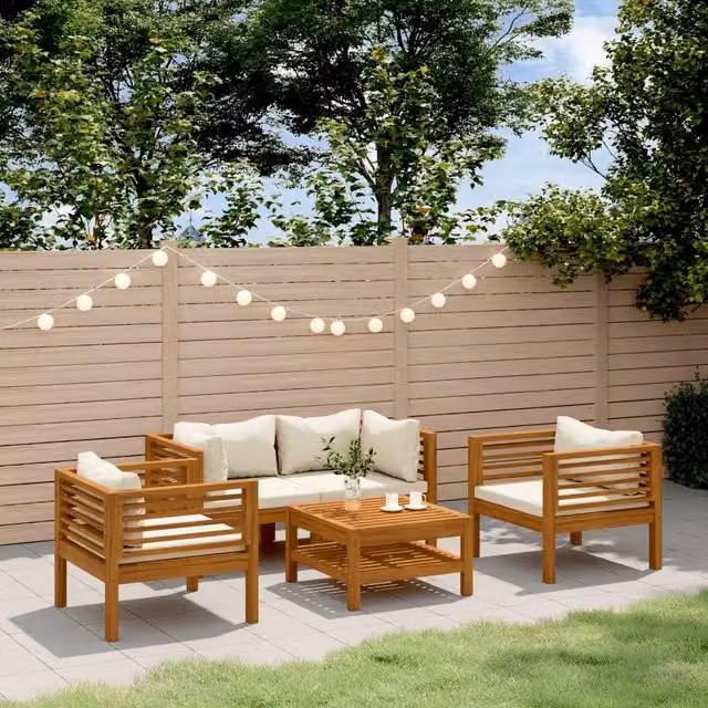 Set Divani da Giardino 5 pz con Cuscini Crema in Legno Acacia 3086934