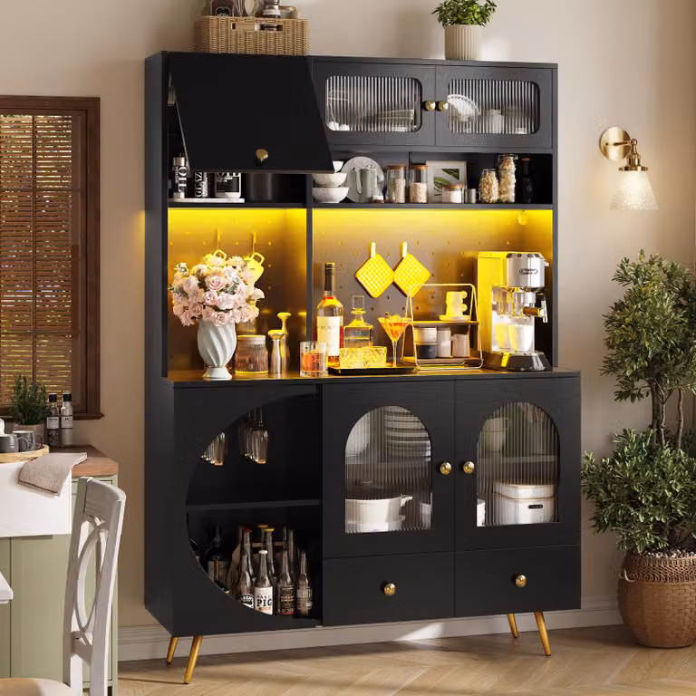 Flieks: credenza moderna con illuminazione a LED, mobile da cucina con porte USB, prese di corrente e pannello forato, mobile alto 120x40x176 cm, nero