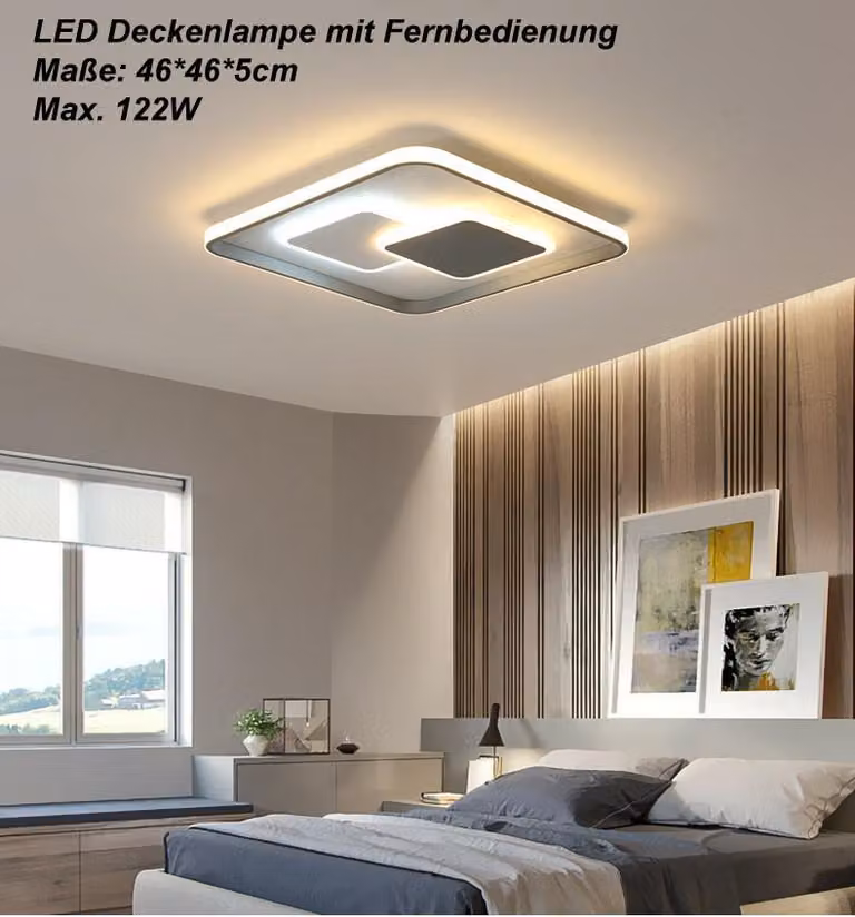Lampada da soffitto LED Eurotondisplay, modello 9641-FX, dimensioni 46x46 cm, potenza massima 122W, con telecomando. Colore e intensità della luce regolabili, dimmerabile. Schermo in acrilico, colore bianco/nero. Struttura in metallo. Classe energetica A+