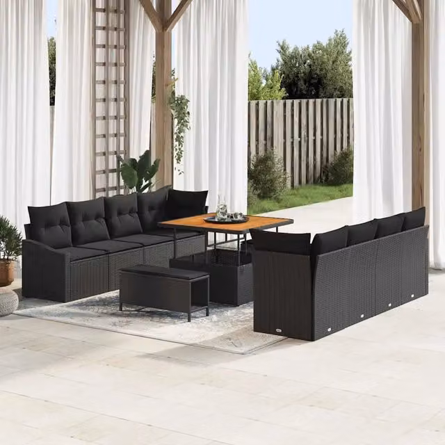 Set Divano da Giardino vidaXL 11 Pezzi Nero con Cuscini e Tavolino da esterno a Forma di U