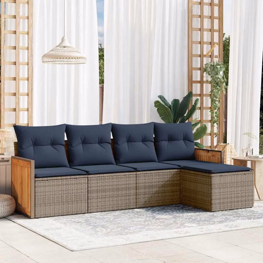 Set di divani da giardino vidaXL in polyrattan grigio con cuscini e pouf a forma di L