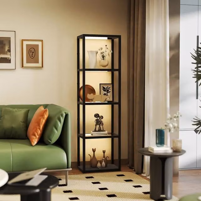 Lampada da terra LED moderna con 4 ripiani in vetro e legno, piantana dimmabile con luce bianco caldo 3000K e interruttore a pedale, colore nero