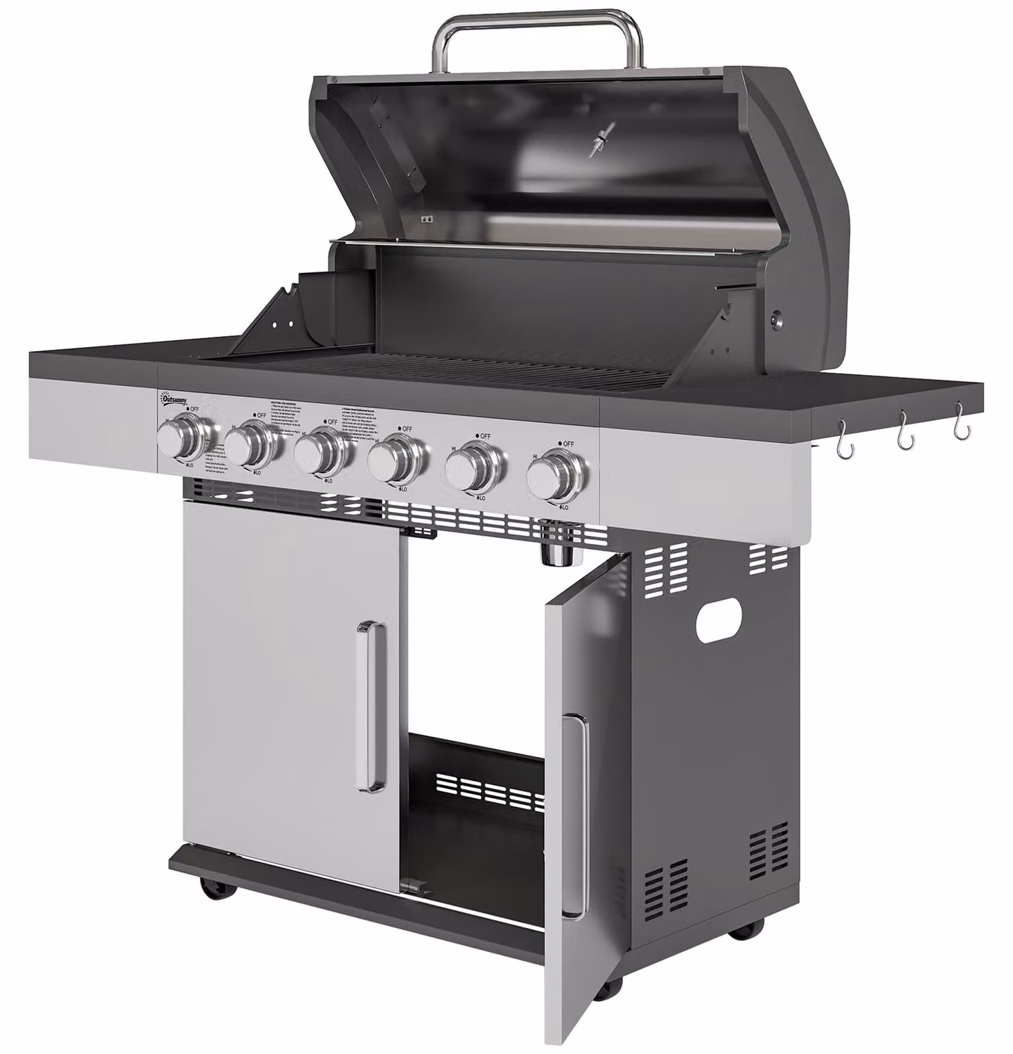 Barbecue a gas Outsunny con 6 bruciatori in acciaio inox, con termometro, argento
