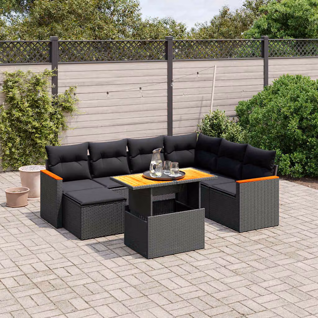Set di Divani da Giardino vidaXL a Forma di L in Polyrattan Nero con Cuscini e Tavolino da Esterno – 1