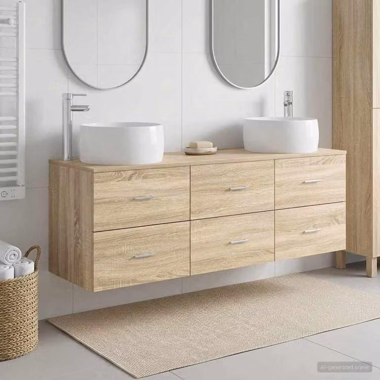 Set di mobili per il bagno moderno vidaXL composto da 3 pezzi in legno color marrone, beige e argento, con vanità e pensile a parete