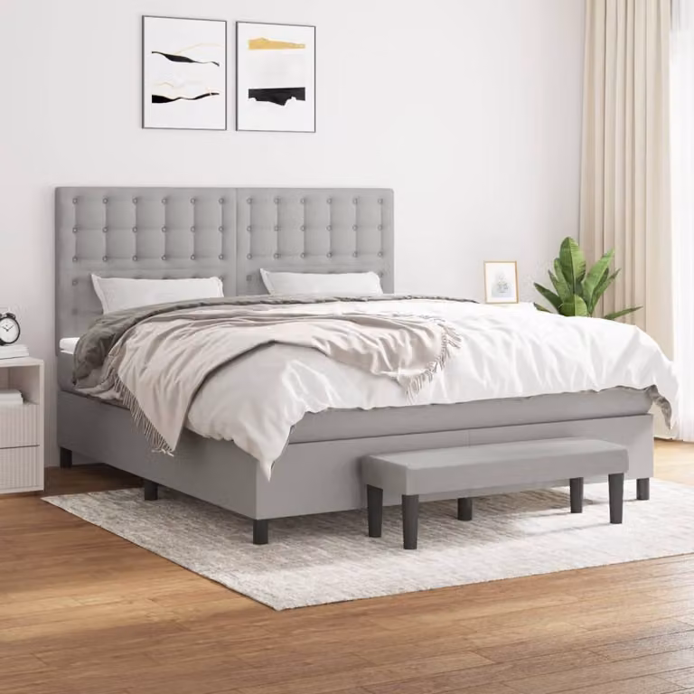vidaXL Giroletto a Molle Ibrido con Materasso in Tessuto Grigio e Bianco L: 180 cm, P: 200 cm, H: 128 cm