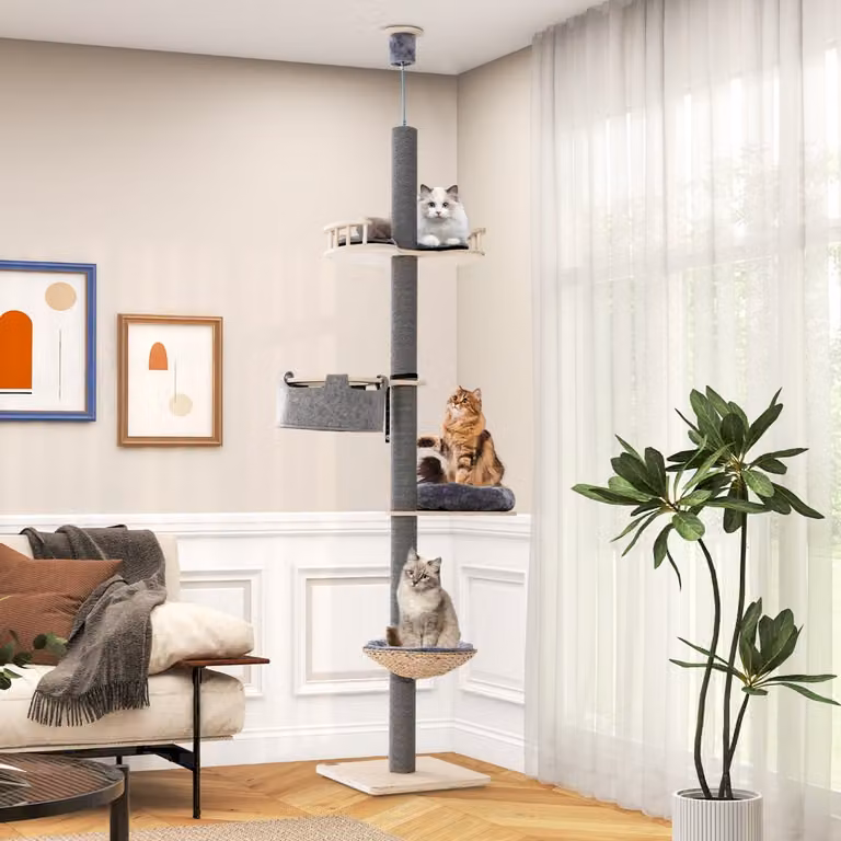Albero per gatti Costway da pavimento a soffitto in legno Grigio con altezza regolabile da 236 a 271 cm