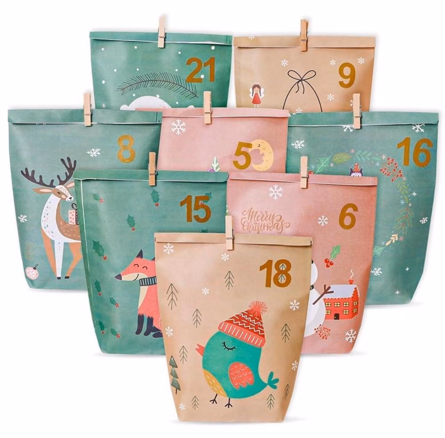 Calendario dell'Avvento da riempire, 24 sacchetti di carta resistente, calendario di Natale, set fai-da-te, dimensioni 17 x 21,5 cm