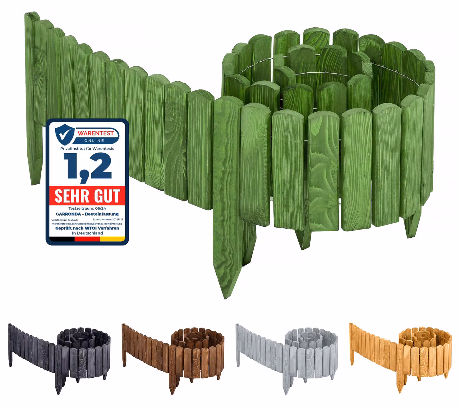 Garronda Bordi per giardino in rotoli di legno Recinto per giardino Impregnato Bordo flessibile in rotoli Bordi per prato Recinzione a palizzata per giardino Lunghezza: 200 cm GD-0046 (Verde scuro, Altezza 10 cm)