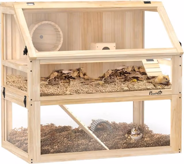 Gabbia per criceti zephmum in legno di abete a 3 piani, colore naturale beige, L: 80 cm, P: 50 cm, H: 76 cm