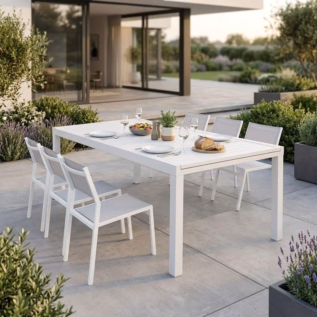 Milani Home - Set Tavolo Giardino Rettangolare Allungabile 200/300x100 Con 6 Sedie In Alluminio Bianco E Textilene Da Esterno - Bianco