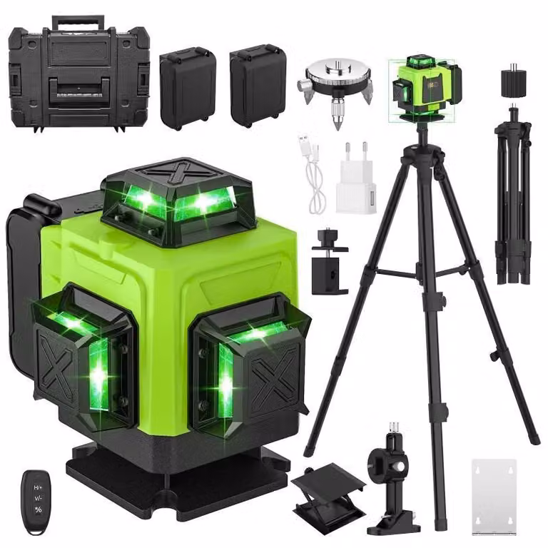 Livella laser 4D - Laser a 16 linee per proiezioni incrociate - Autolivellante - 360° in orizzontale e verticale - Con treppiede e custodia in plastica - Telecomando - Raggio verde