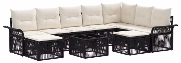 Set Divano da Giardino 10 pcs Nero e Bianco Crema polyrattan