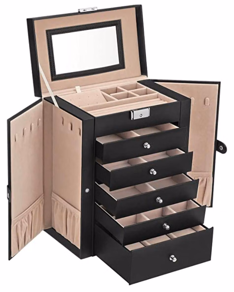 Scatola da trucco con specchio - 6 cassetti - serratura - nera - 26 x 15,5 x 32 cm