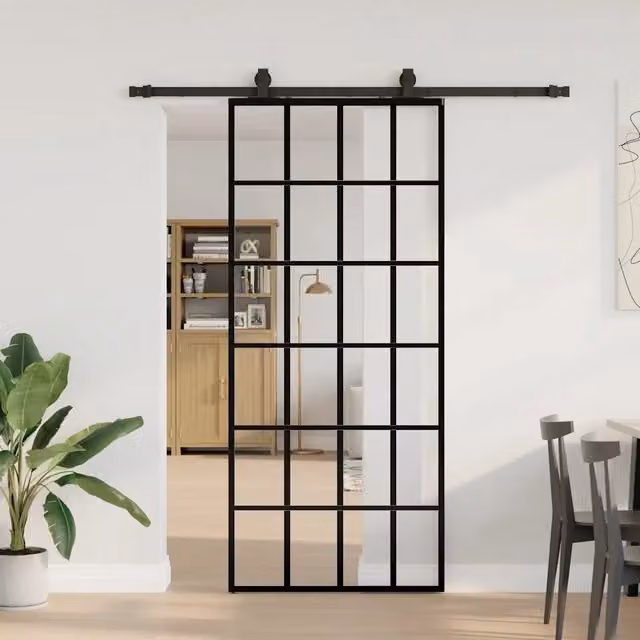 Porta Scorrevole Moderna vidaXL in Vetro Trasparente e Alluminio con Ferramenta Nera L: 90 cm, H: 205 cm