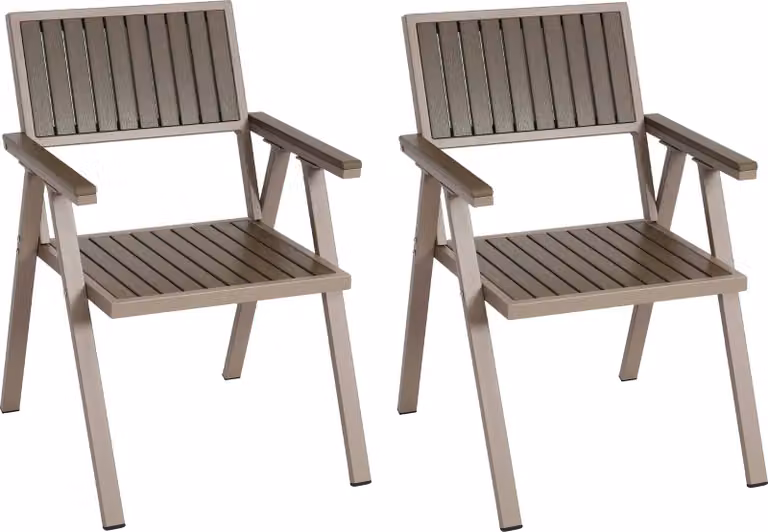 set di 2 sedie da giardino HWC-J95, sedia da balcone Sedia, rivestimento per esterni, struttura in alluminio effetto legno ~ champagne, grigio