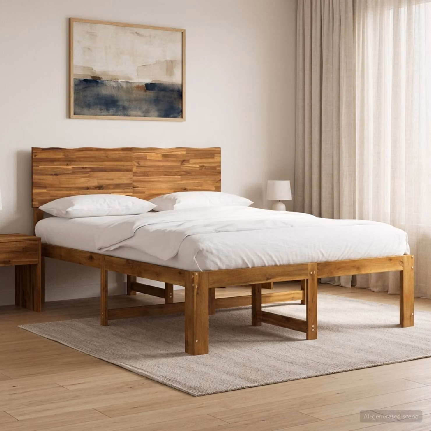 Letto matrimoniale con testiera vidaXL ROSTOCK in legno di acacia naturale, colore marrone, L: 140 cm, P: 195,5 cm, H: 101 cm