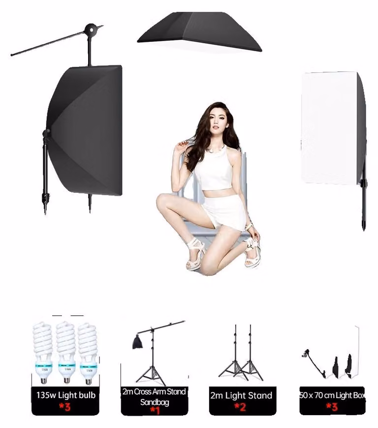 Kit fotografico con luci, treppiede regolabile in altezza, design con softbox e 3 lampadine da 135W