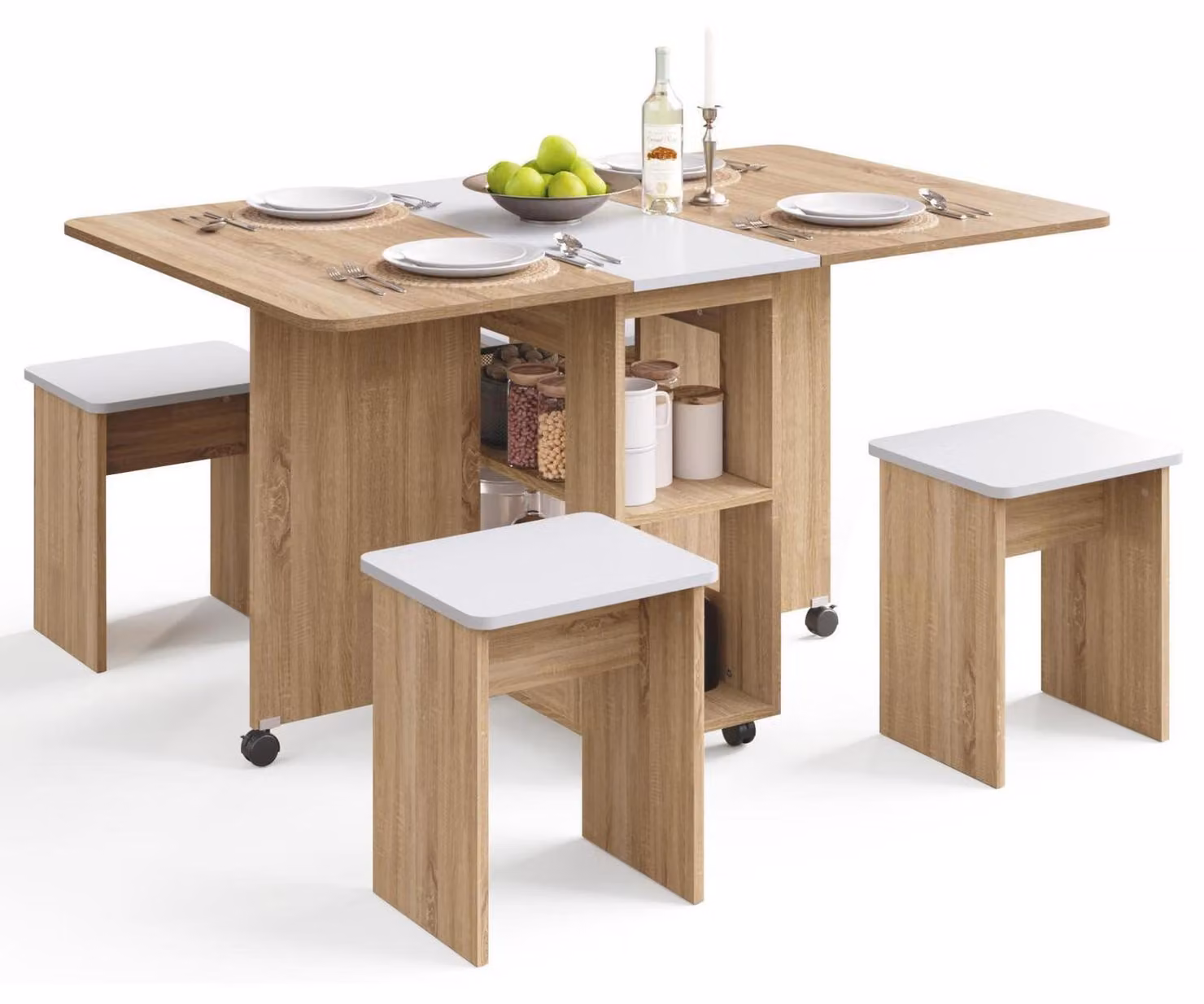 Tavolo da pranzo pieghevole con 4 sedie, allungabile, con ruote e ripiani, in legno di quercia/bianco, dimensioni 120 x 80 x 80 cm