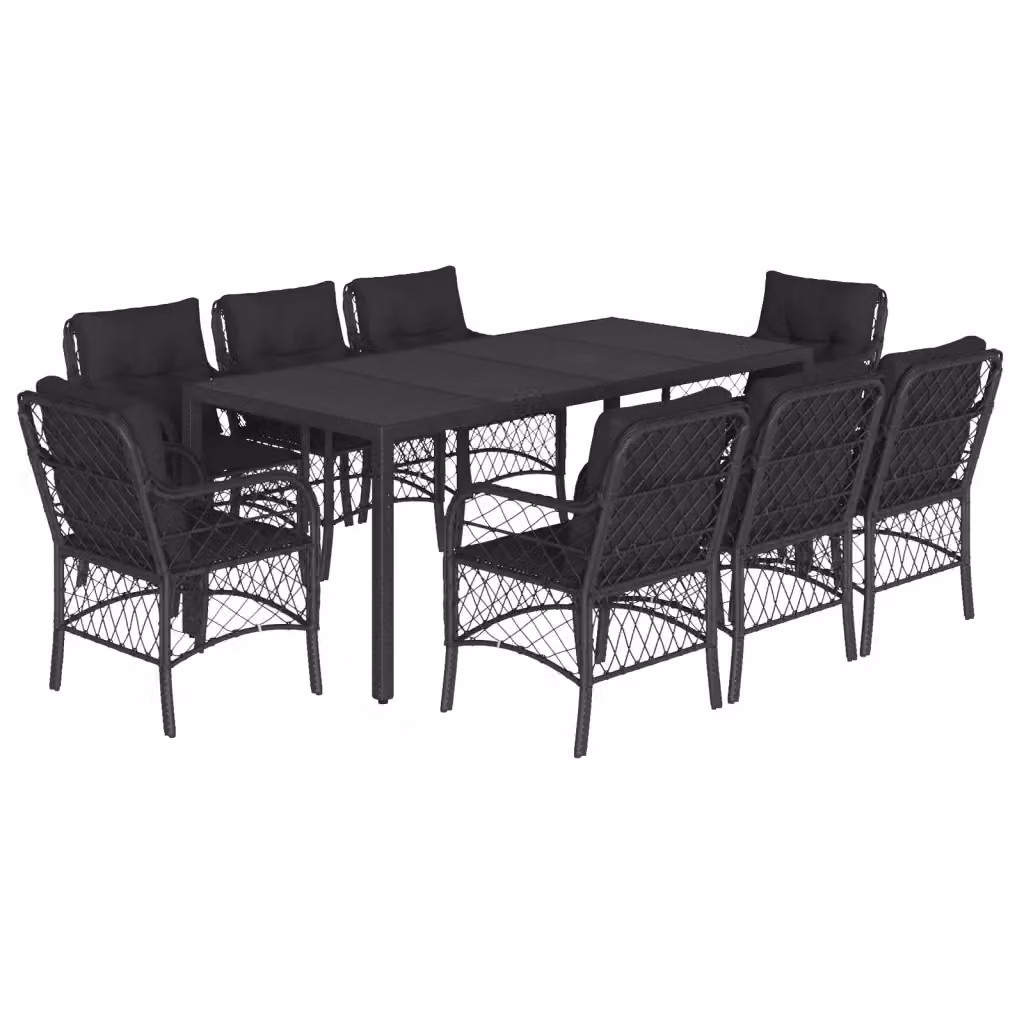 Set da Pranzo da Giardino vidaXL 9 pz in Polyrattan Nero con Cuscini e Tavolo in Vetro – 2