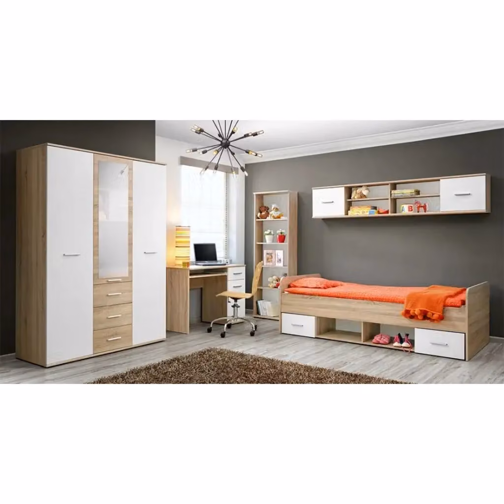 Set camera per ragazzi Denver Meublorama in legno e MDF bianco e multicolore con letto 90x200 cm, armadio, cassettiera e libreria in stile moderno – 2