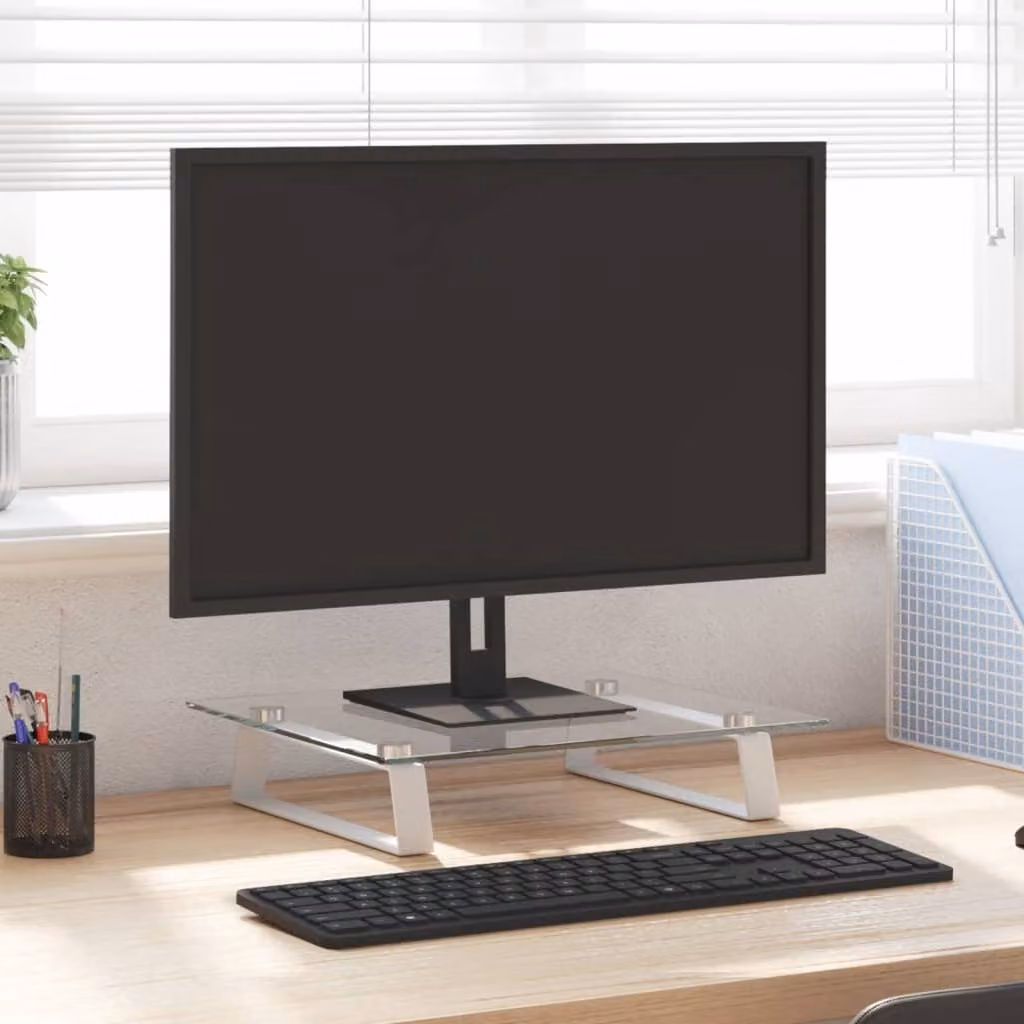 vidaXL Supporto per Monitor Bianco in Vetro Temperato e Metallo L/P/H: 40 x 35 x 8 cm
