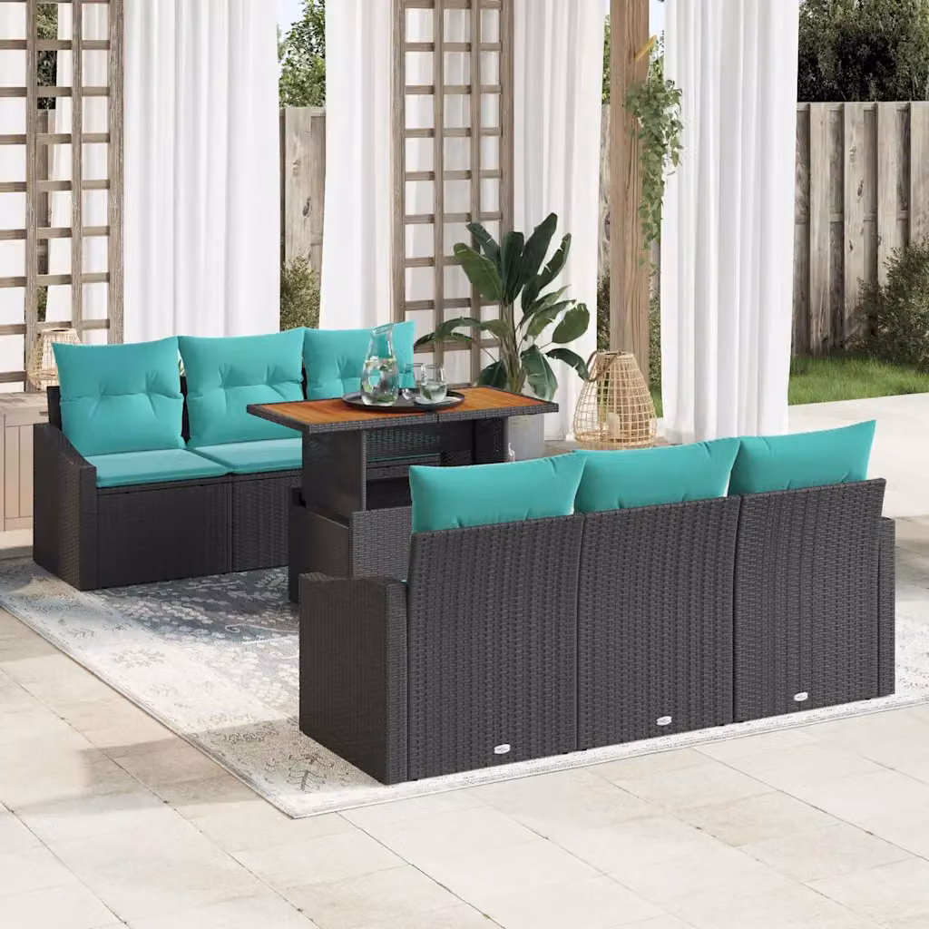 Set Divano da Giardino vidaXL in Polyrattan e Legno di Acacia, 7 Pezzi, 6 Posti, Nero e Petrolio