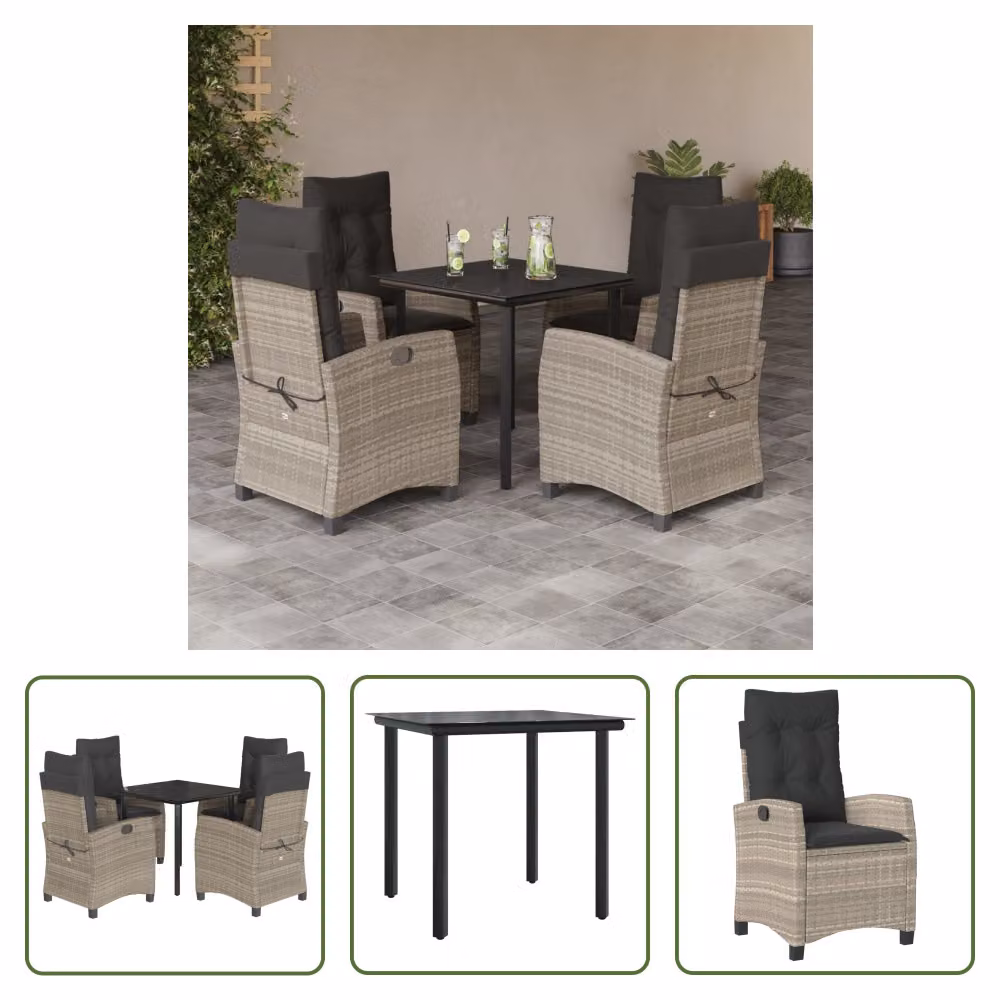The Living Store Set da pranzo da giardino 5 pezzi con cuscini in rattan grigio chiaro
