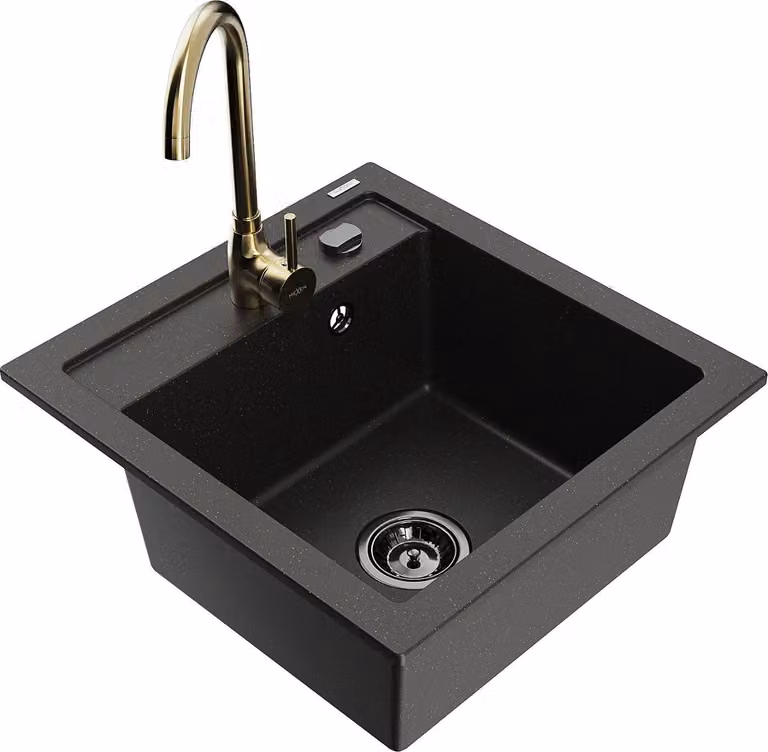 Mexen Vito lavello in granito a 1 vasca con rubinetto da cucina Telma, nero/oro metallizzato - 6503-75-670200-50-B