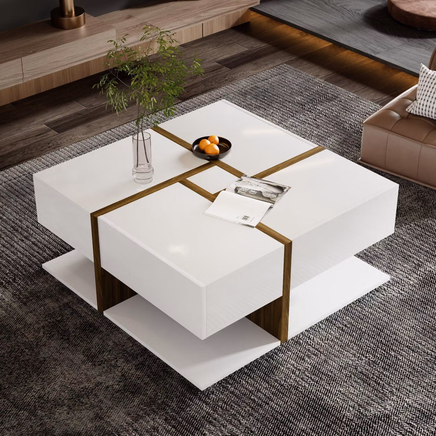 tavolino da salotto okwish 78*78*34.8cm, tavolino con spazio di archiviazione sottostante, con funzione bar, design unico a linee di colore (colore bianco e legno)