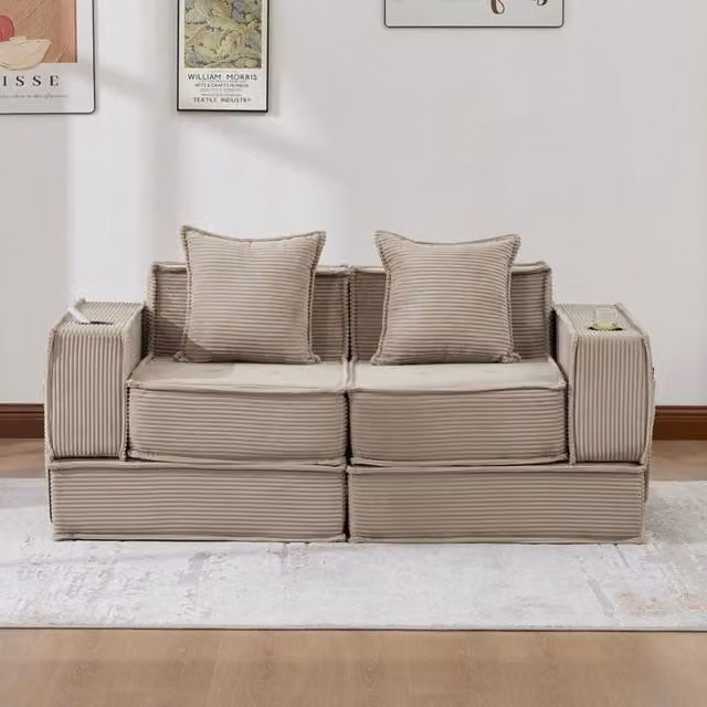 Pouf sofa modulare con tasche laterali e due cuscini in velluto a coste kaki per relax 162 × 78 × 66 cm