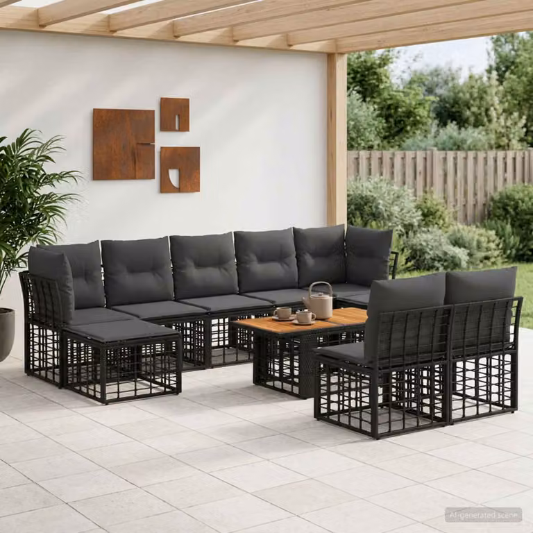 Set Divano da Giardino vidaXL 10 Pezzi in Polyrattan Nero e Grigio con Cuscini e Tavolino
